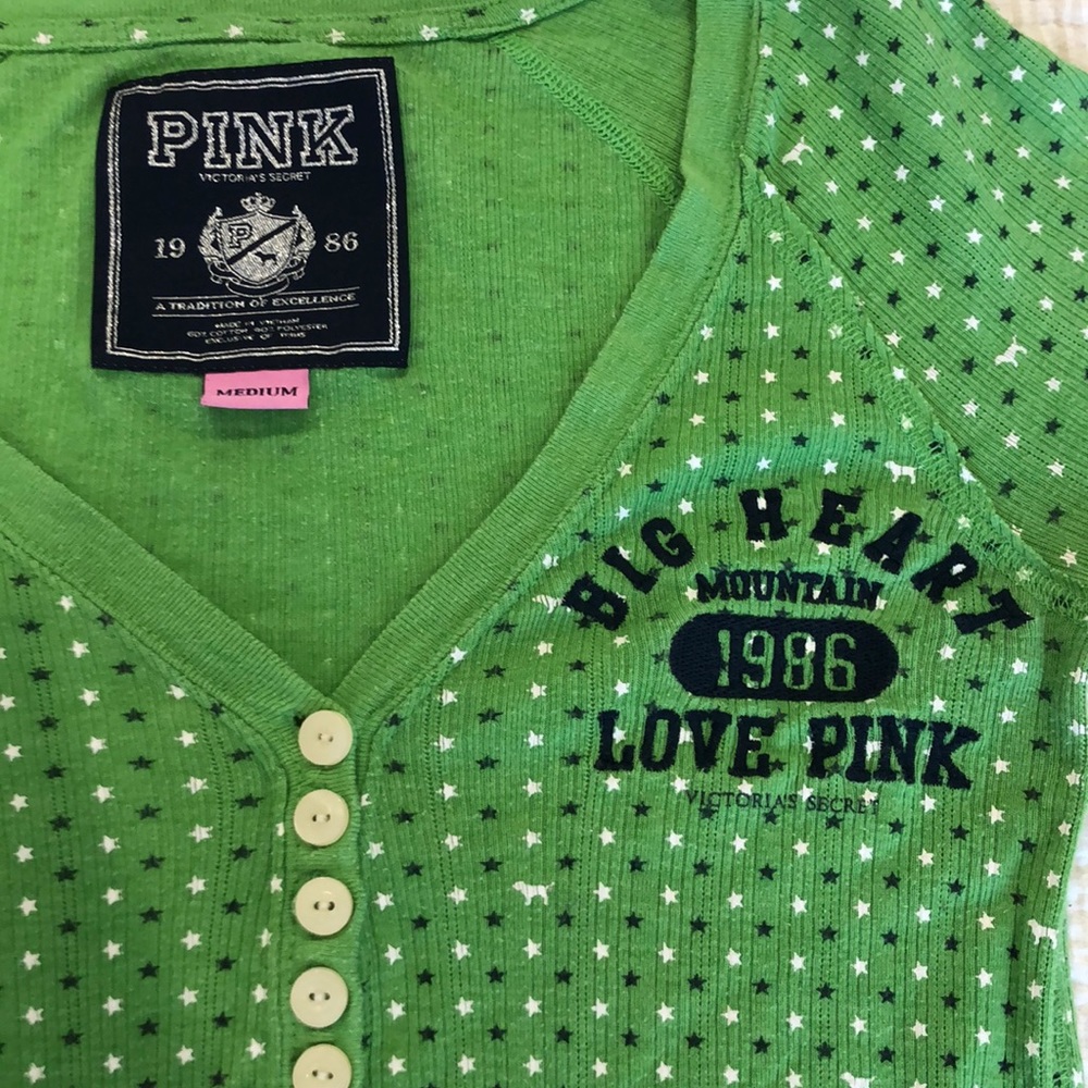 Victoria’s Secret Love PINK thermal 1986 Green Navy White Big Heart Small Stars